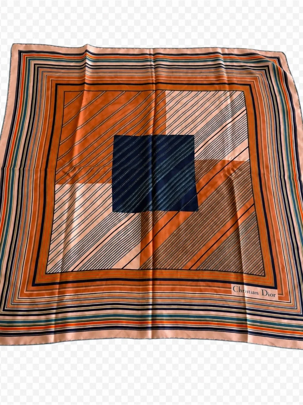 CHRISTIAN DIOR Square silk scarf orange, blue and white stripes graphic print